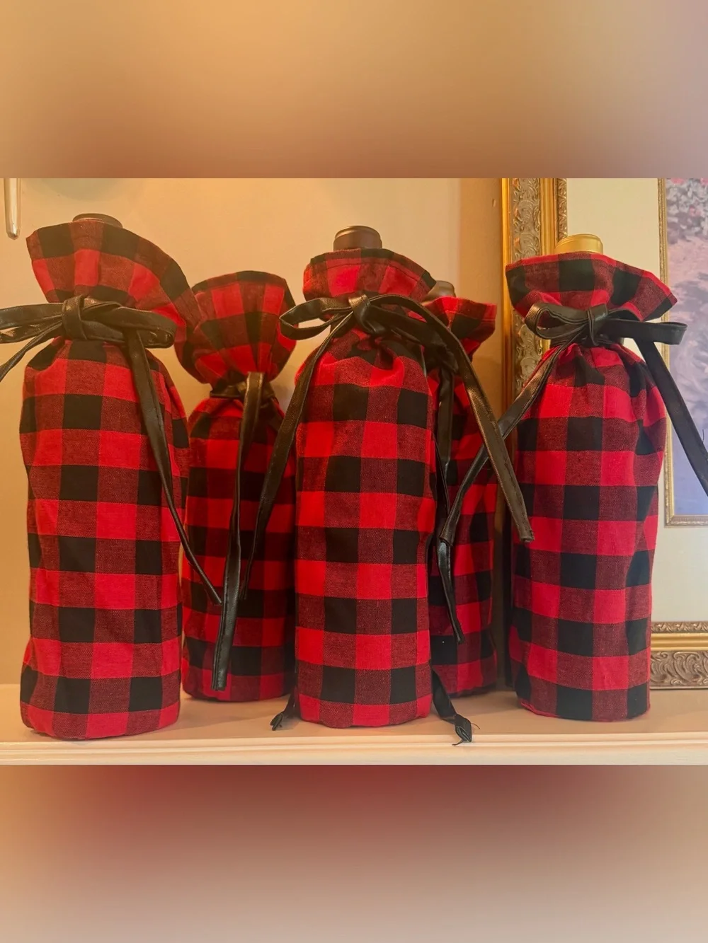 Set of 5 Red and Black Buffalo Plaid Cloth Gift Bags with Faux Leather Ties